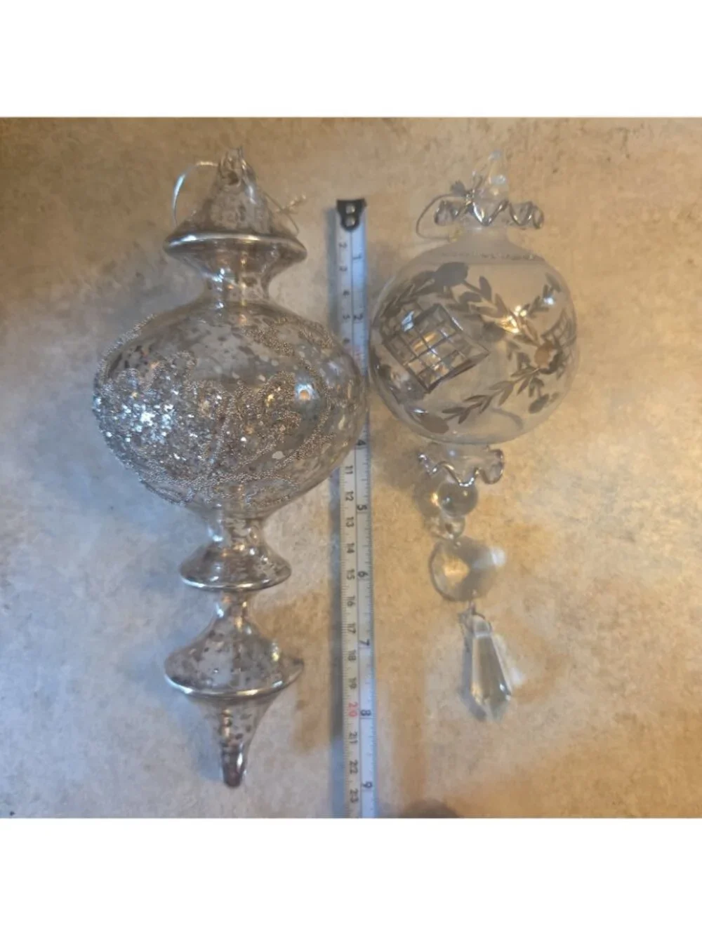2 Clear Glass Ornaments Embellished Christmas 8 and 9 Inches